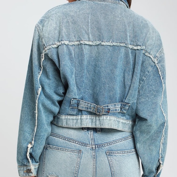 Free People S Bedford Medium Wash Distressed Cropped Denim Jacket 100% Cotton - Picture 4 of 7